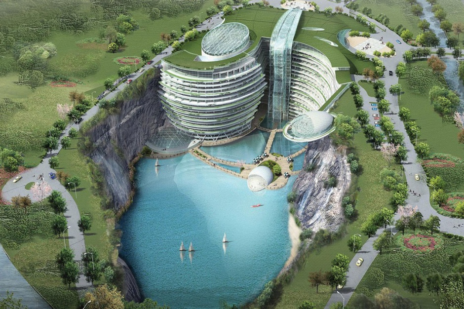 Wizualizacja hotelu Shimao Wonderland Intercontinental, fot. Atkins Design/ materiały prasowe Luksusowy hotel w dawnym kamieniołomie