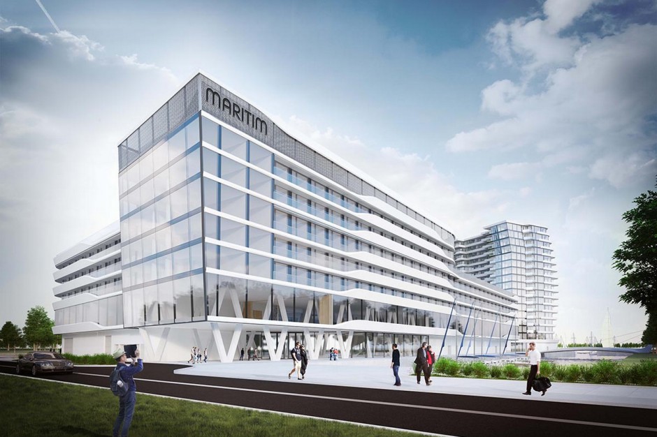 Hotel Maritim, w tle po prawej stronie - Spinaker Pierwszy hotel Maritim w Polsce. Co zaoferuje pięć gwiazdek nad jeziorem Dąbie?