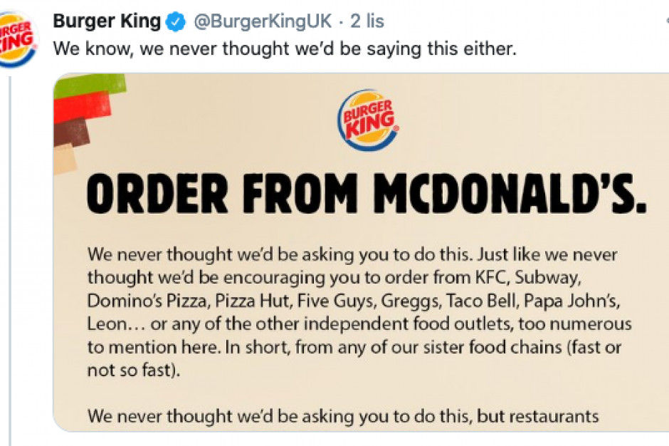 mat. Twitter/Burger King UK Burger King zachęca do zamawiania u konkurencji
