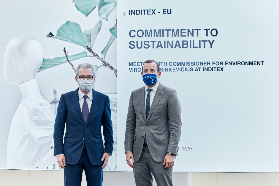Pablo Isla i Virginijus Sinkevičius, mat. pras. Inditex Komisarz UE ds. środowiska w centrali firmy Inditex
