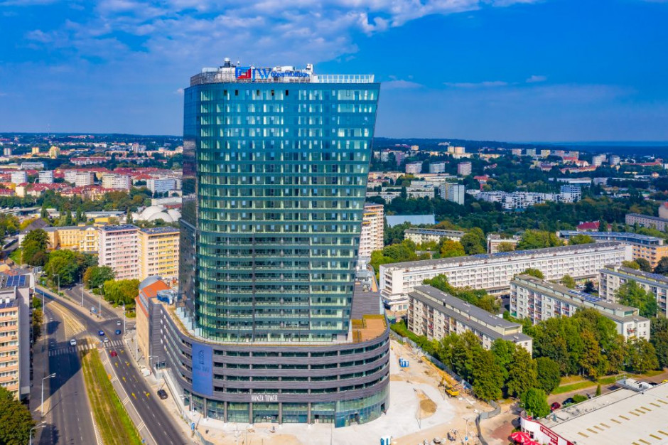 Najwyższy budynek mieszkalno-biurowo-komercyjny w Szczecinie, Hanza Tower został ukończony, czeka na pozwolenie na użytkowanie. Ft. Mat. prasowe. Hanza Tower w Szczecinie. Jeszcze w tym roku uroczyste otwarcie