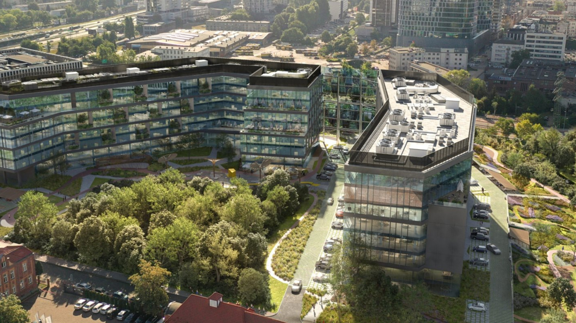 Kompleks oferujący 48 tys. mkw. powierzchni biurowej składać się będzie z dwóch 7-piętrowych budynków połączonych zielonym patio, ponad tysiąca naziemnych i podziemnych miejsc parkingowych, zielonej infrastruktury oraz licznych udogodnień dla najemców., fot. mat. pras.