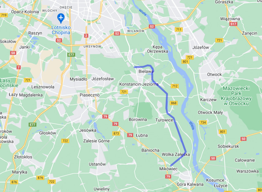 Przebieg planowanej obwodnicy Konstancina-Jeziorna. fot. Google Maps