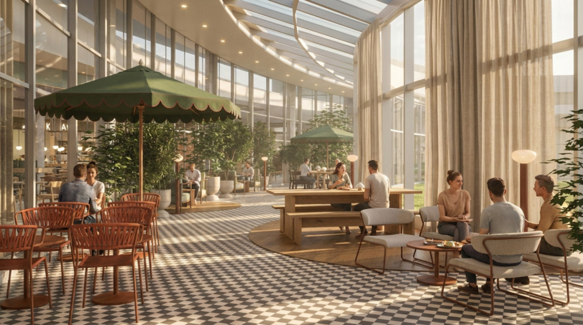 Ogród zimowy po modernizacji Portu Łódź ma połączyć strefę gastronomiczną z patio i stworzyć całoroczną przestrzeń do odpoczynku. Fot. Materiały prasowe / Ingka Centres