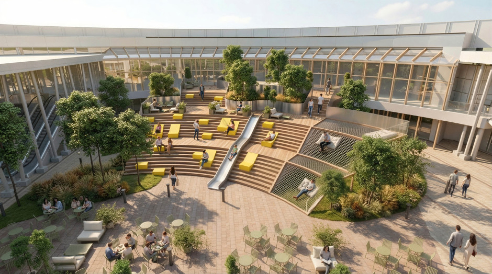 Charakterystyczne schody „trappan” mają stać się centralnym punktem nowego patio i przestrzenią do spotkań oraz wydarzeń plenerowych.  Fot. Materiały prasowe / Ingka Centres